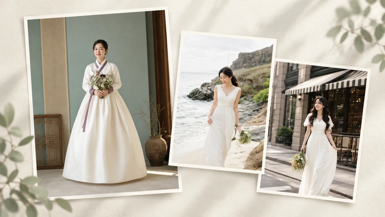 A collage of Pium wedding portraits in hanbok, on a beach and in the city